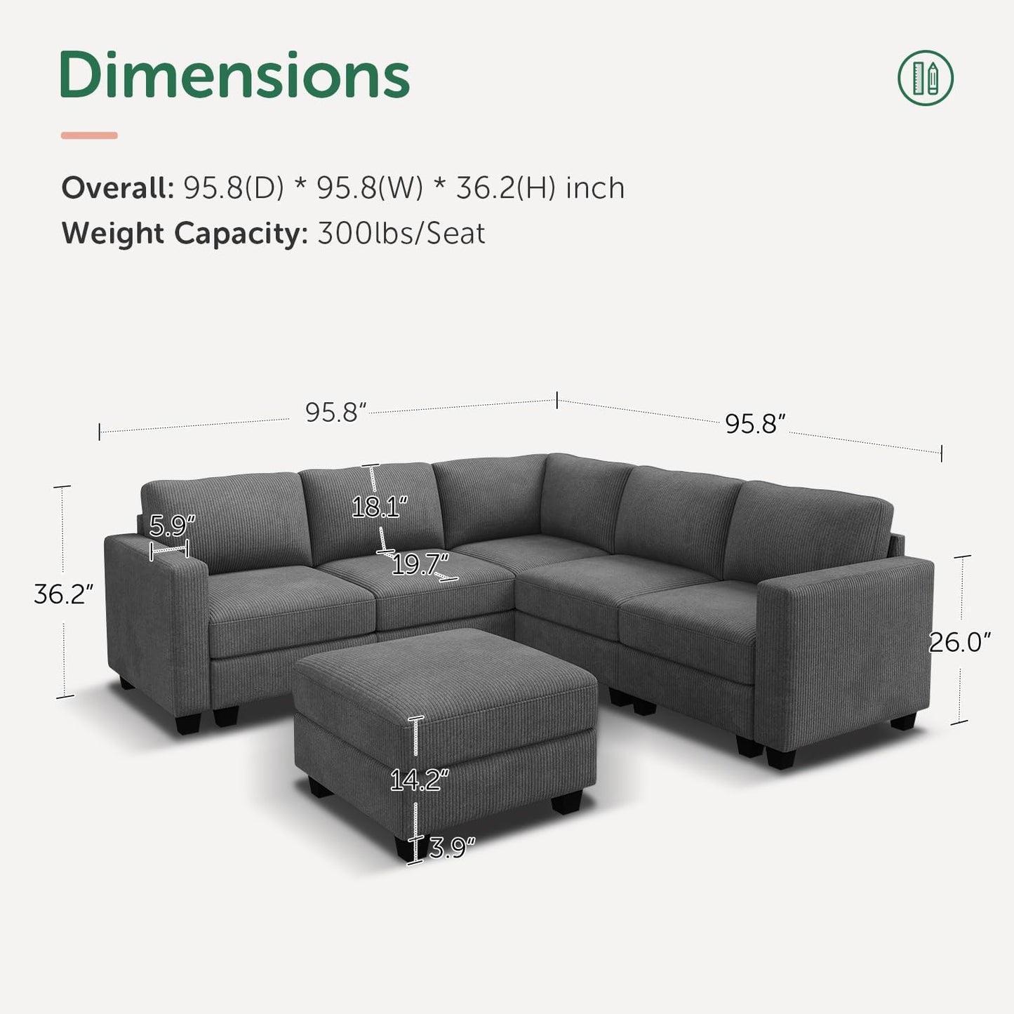 HONBAY Corduroy Modular Sectional Couch with Storage L-Shaped Sectional Couches for Living Room 6 Seater Modular Sofa, Dark Gray