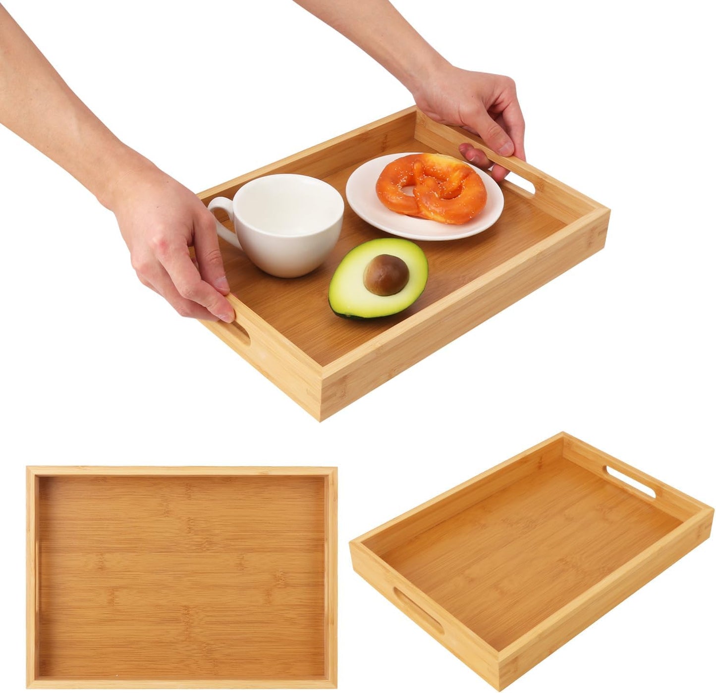 3 Pack Large Bamboo Serving Tray with Handles, 14 x 10 inch Wooden Dinner Tray, Home Kitchen Breakfast Trays for Living Room Bedroom Kitchen Dinner Table, Picnic