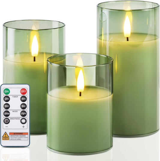 Homemory Green Glass Flameless Candles, Battery Operated LED Pillar Candles with Remote Control and Timer, Radiance Candles, Real Wax, Set of 3,D3 xH4 5" 6"