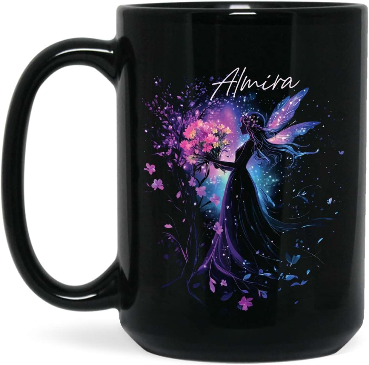 Personalized Beautiful Fairy Holding Flower Coffee Mug, Custom Name Ceramic Cup 11oz 15oz, Enchanted Fantasy Themed Mug, Custom Fairy Lovers Black Cup, Kids Mug, Elegant Fairy Mug