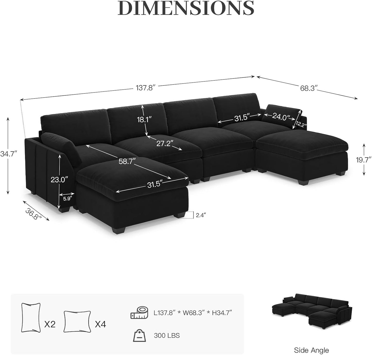 Belffin Sectional Couch with Extra Deep Seat,137.8" Cloud Modular Sectional Sofa,Convertible 6-Seater U Shaped Couches for Living Room,Oversized Comfy Velvet Black Couch