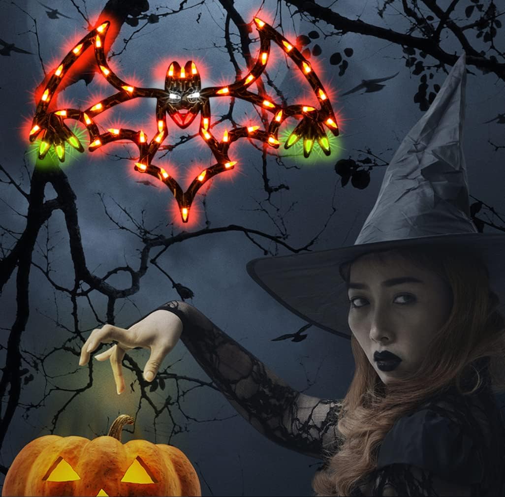 13.3" Lighted Bat Halloween Window Silhouette Decoration,Halloween Lighted Window Decoration,Hanging Light Up Holiday Ornament (Bat Light)
