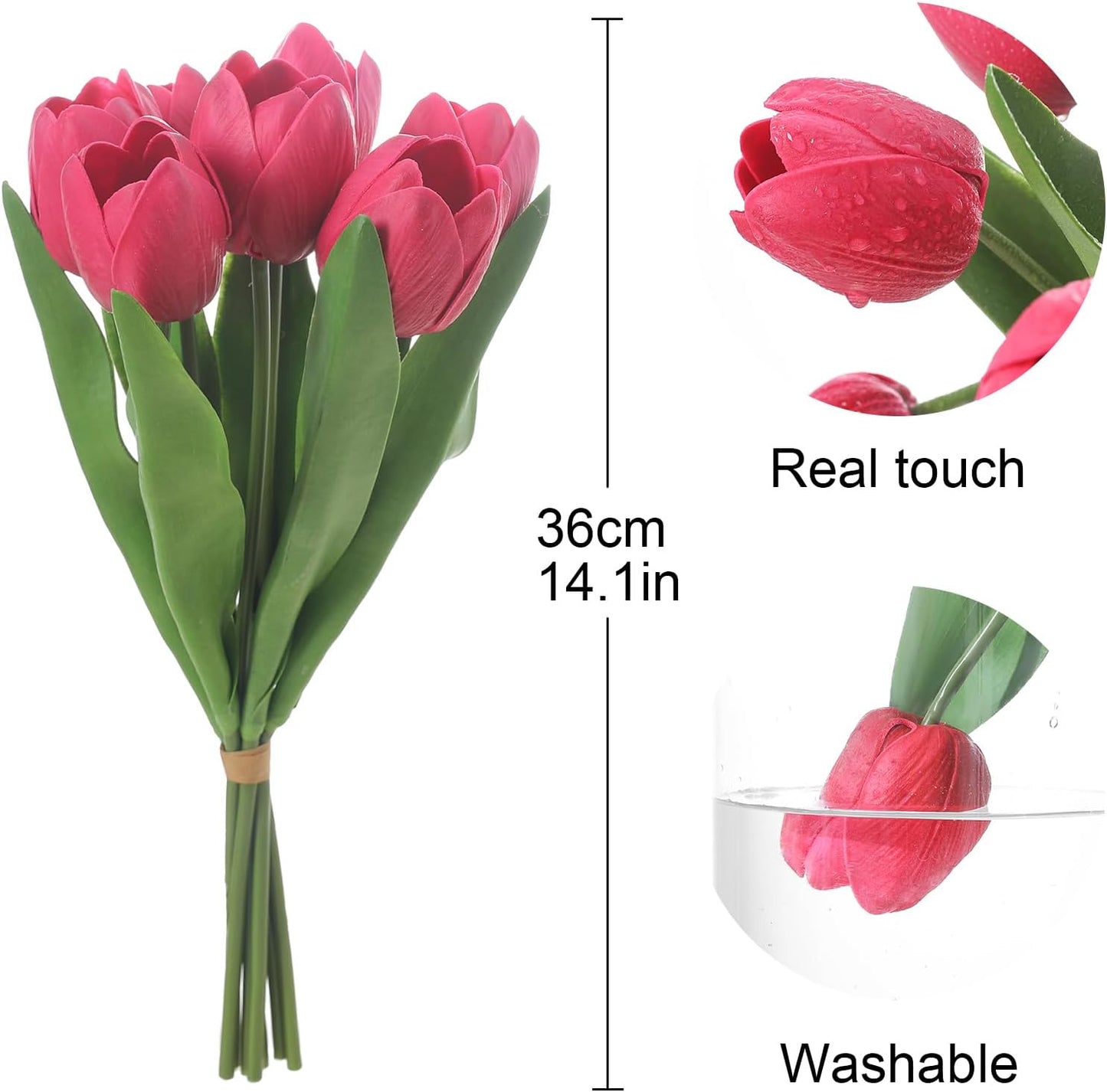 Rose Red Artificial Tulips, 2 Bundles 14Pcs, Fake Tulips Artificial Flowers, 2 x 2.4 Inch Large Flower Head Big Tulip, Easter Valentine's Day Mother's Day Home Decoration Flowers