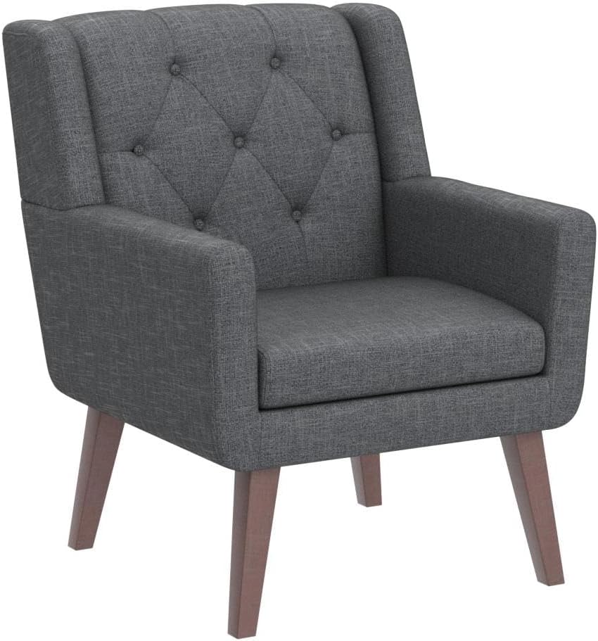 Accent Chair Button-Tufted Upholstered Living Room Chairs Comfy Reading Chair Mid Century Modern Chair with Linen Fabric Lounge Arm Chairs for Living Room Bedroom (Grey Set of 2)