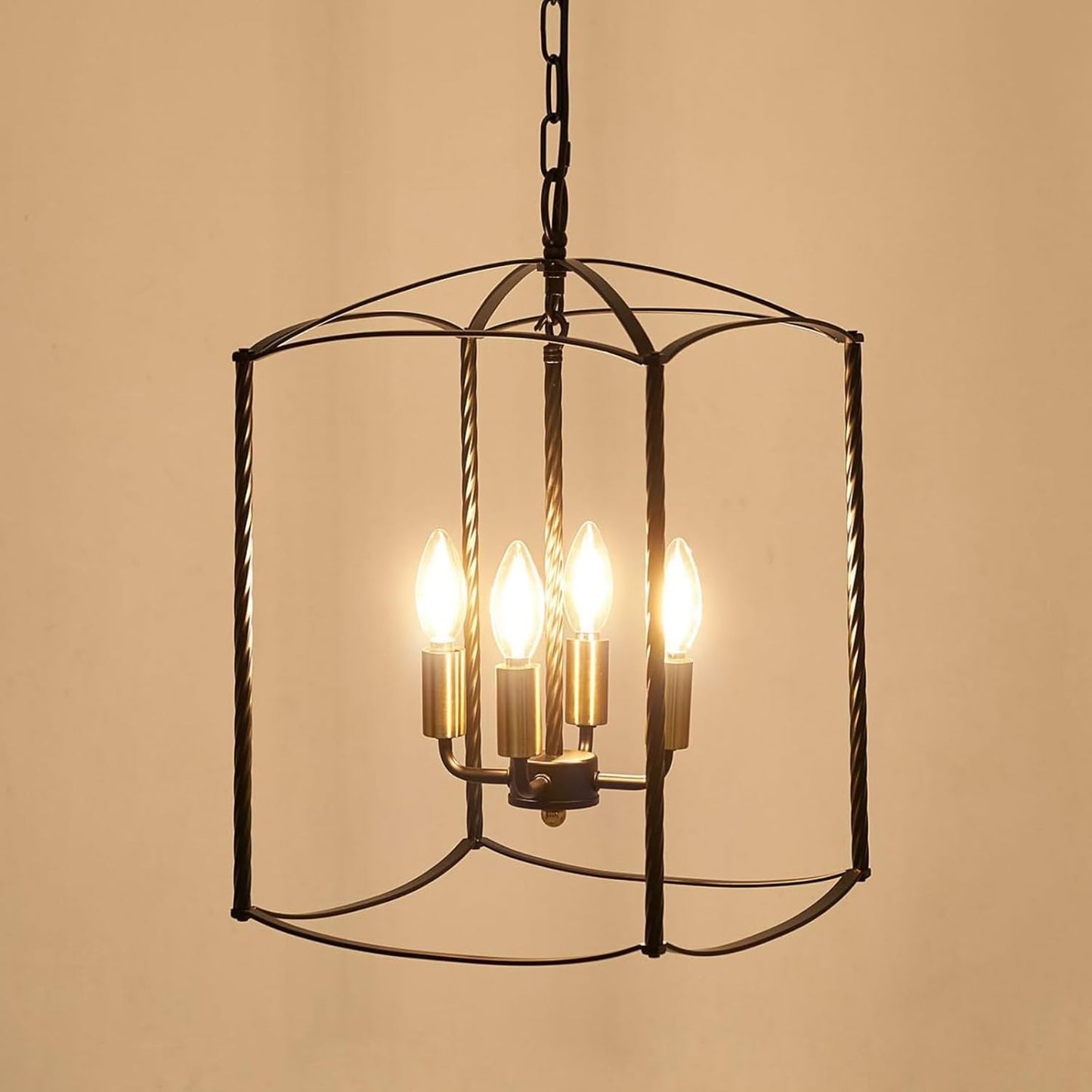 Farmhouse 4 Lights Pendant Light, Industrial Black Lantern Chandelier with E12 Gold Base Metal Cage Rustic Geometric Hanging Light Fixtures for Kitchen Island Foyer Entryway Dining Room