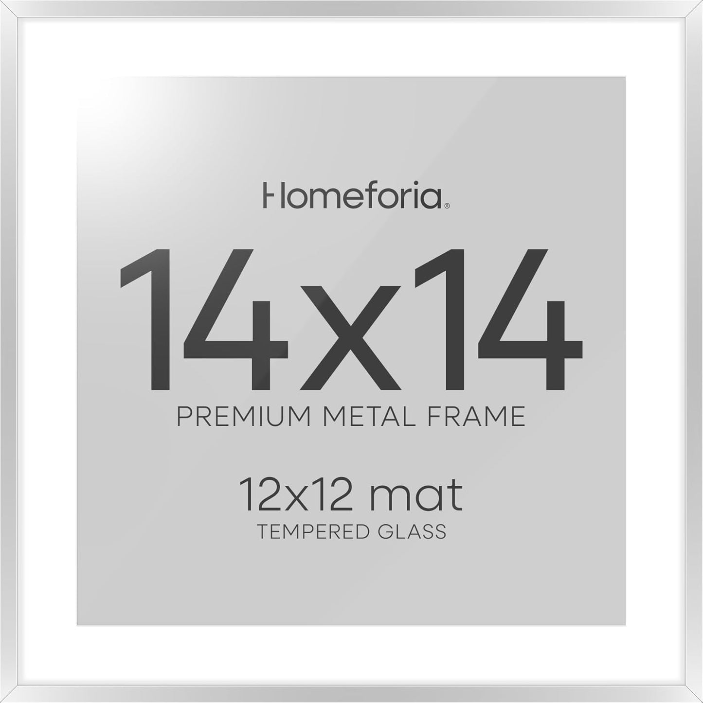 Homeforia Silver 14x14 Picture Frame, High End Metal 14 x 14 Square Frame with Mat 12 x 12 Photo, 14x14 Poster Frames Matted to 12x12 Print, 14 by 14 Hanging Frames, Tempered Glass, Wall Kit, Set of 1