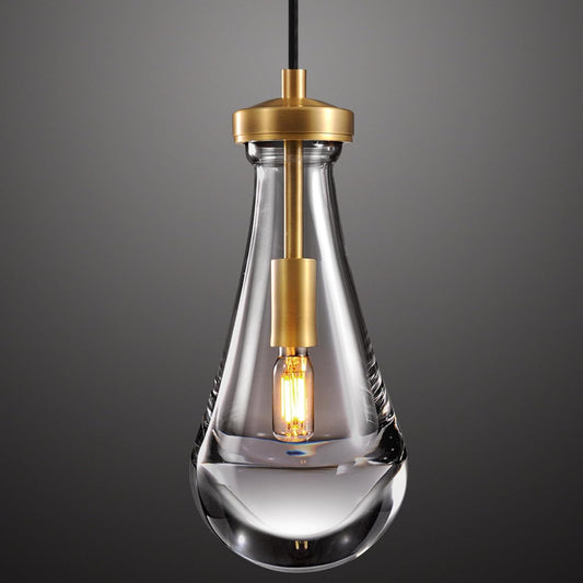 Raindrop Pendant Lights, Pendant Lights Kitchen Island, Brass Base Hanging Light Dining Room Light Fixture, Handblown Clear Kitchen Chandelier, Rope Pendant Lights for Living Room Hallway,E12 Bulb