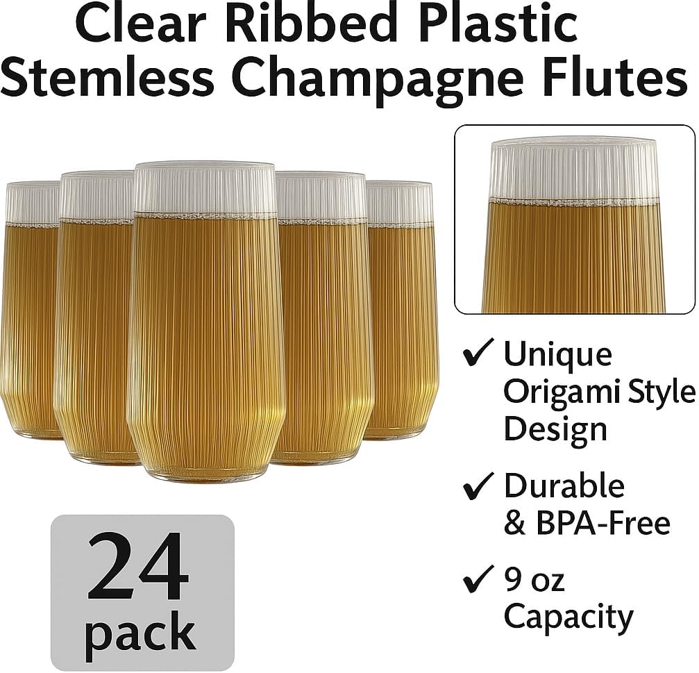 24 Pack Ribbed Ripple Stemless Toasting Glasses, Origami Durable 9 Oz BPA-Free Disposable Plastic Champagne Flutes for Weddings, Bars, Events, and Celebrations (Clear)