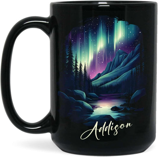 Customized Name Coffee Cup 11oz 15oz, Personalized Northern Lights Landscape Mug, Scenic Mountain And River Black Cup, Custom Northern Lights Inspired Ceramic Mug, Gift For Women