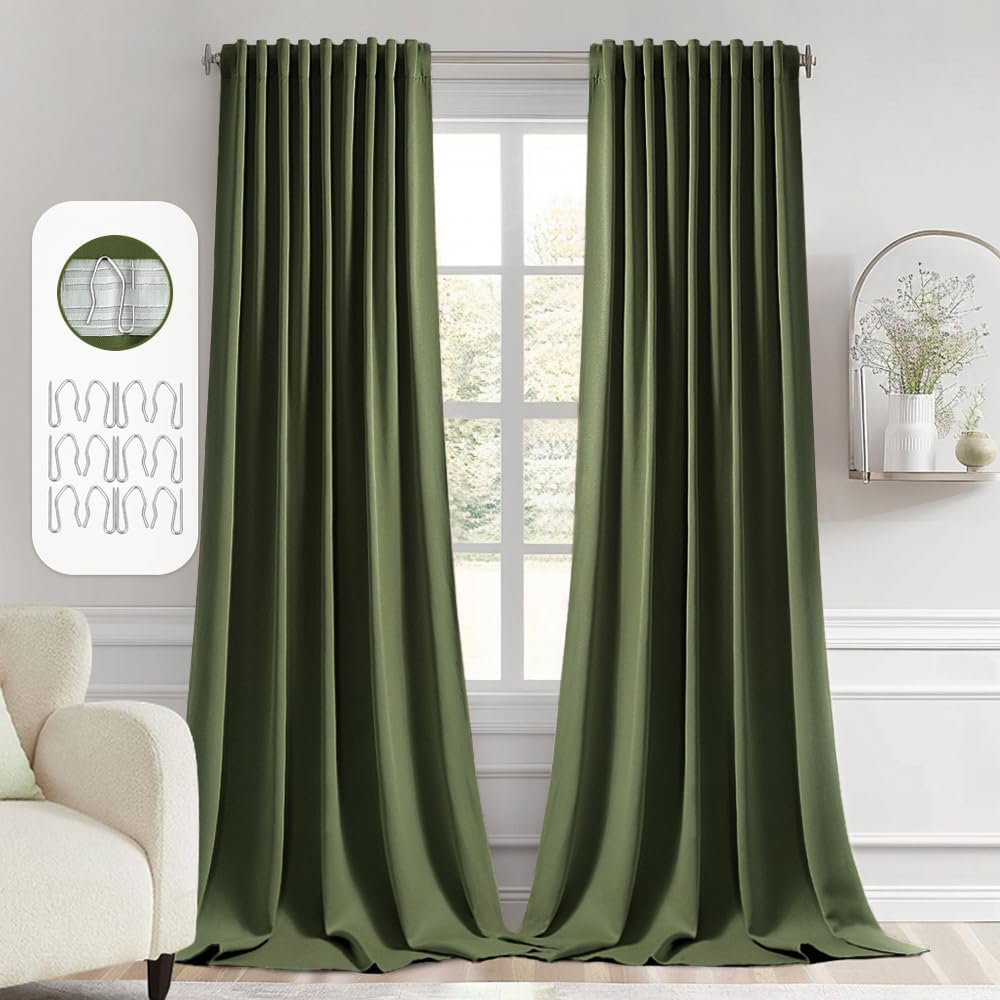 MIULEE Olive Green Back Tab Blackout Curtain 96 Inch Long 2 Panels Set for Bedroom, Rod Pocket/Pinch Pleat Thermal Insulated Living Room Darkening Pleated Light Blocking Floor to Ceiling Drape