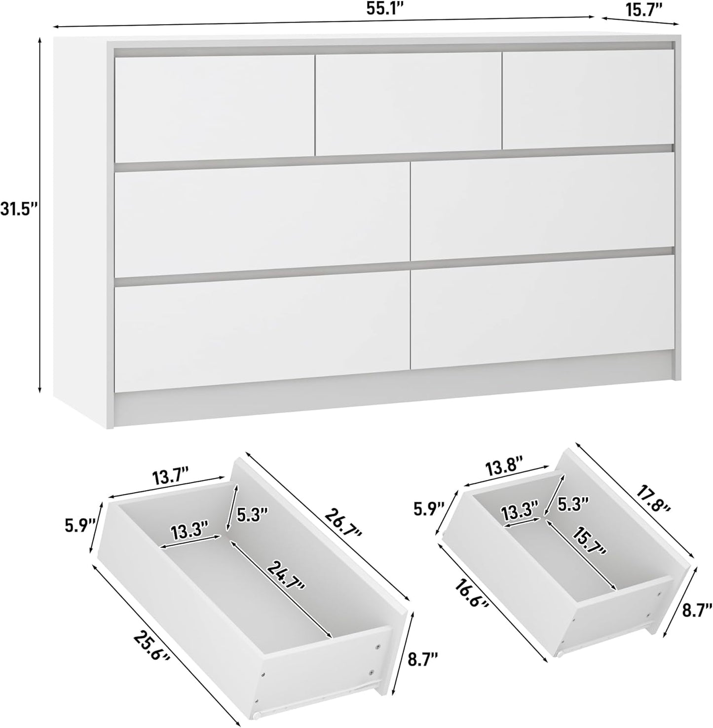 White Malm Dresser for Bedroom, 55 Inch Full High Gloss Dresser with 7 Drawers, Modern Large Wood Chest of Drawer Handle Free, Living Room, Entryway, Hallway, White