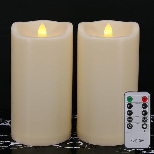 Large Flameless Candles with Remote and Timers Outdoor Waterproof, 8" x 4" Battery Operated Flickering LED Pillar Candles for Outside Lanterns, Ivory Plastic, Long-Lasting ,Set of 2
