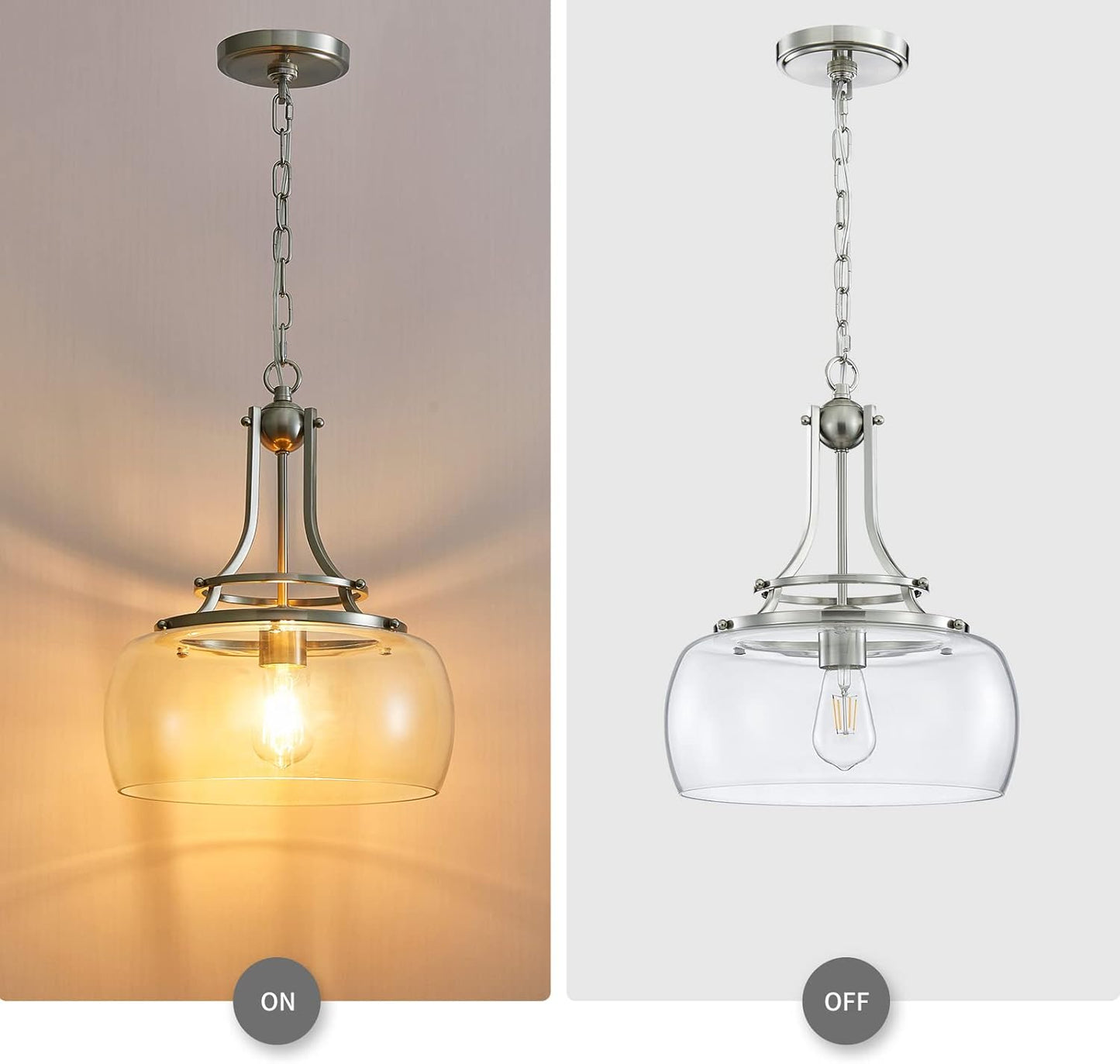 WUZUPS Chandelier Rustic Farmhouse Industrial Round Ceiling Pendant LED Light Fixture with Clear Glass Shades for Dining Room Kitchen Island Foyer Entryway, H 17" x W 13.4", E26 Base, Brushed Nickel