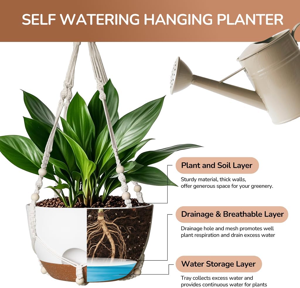 12 Inch Hanging Baskets for Plants Outdoor, Hanging Planters for Indoor Outdoor Plants, Hanging Planter with Self Watering, Hanging Flower Pots (White Planter with Macrame + Iron Hangers)
