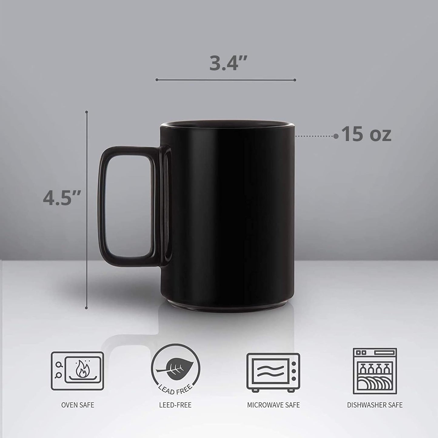 E-liu Porcelain Tea Mugs Coffee Mug Set, Large 15 Ounces Cups for Coffee, Tea, Cocoa, and Mulled Drinks, Set of 6, Black