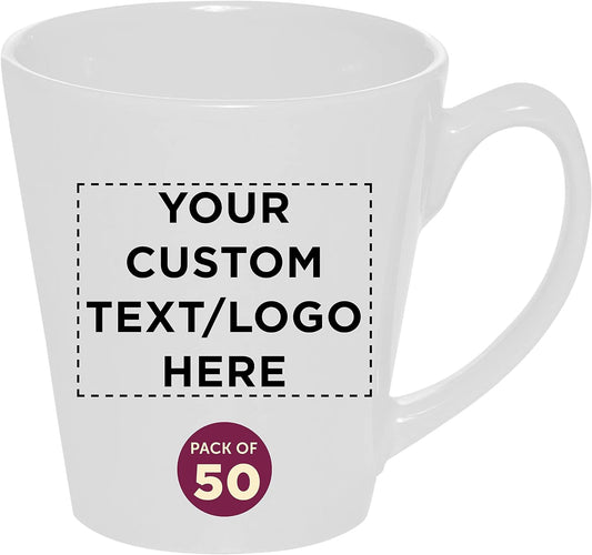 DISCOUNT PROMOS Custom Glossy Ceramic Latte Coffee Mug 12 oz. Set of 50, Personalized Bulk Pack - Perfect for Tea, Espresso, Cappuccino, Hot Cocoa - White