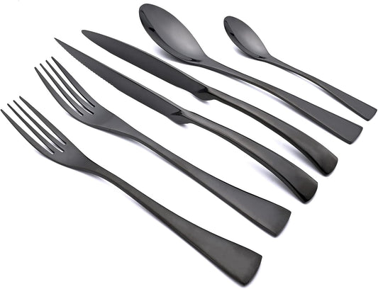 24-Piece Black Flatware, Mirror 18/10 Stainless Steel Modern & Luxury Dinnerware Set With Serrated Steak Knife Teaspoon For Daily Use or Dinner Party Restaurant - Service For 4