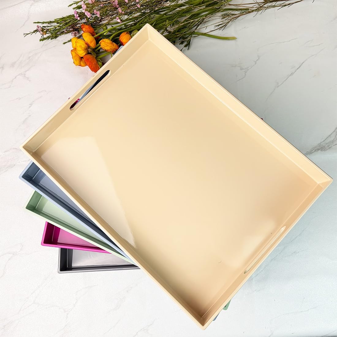 Beige Decorative Tray, Rectangular Large Serving Tray with Handles, Plastic Coffee Table Tray for Ottoman, Living Room, Kitchen Tabletop, 15.7” x 11.8” x1.6”