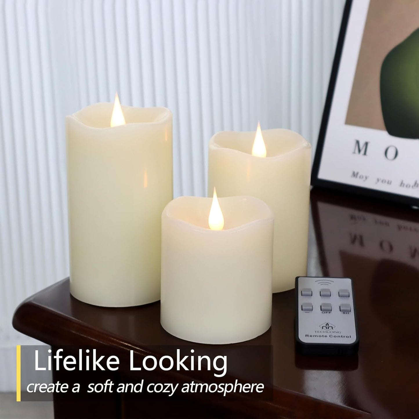 Flameless Candles Battery Operated with Remote Timer, 3D Moving Flame Flickering, Last 600+ Hours Battery Candles, Set of 3 Ivory Real Wax Electric LED Candle for Wedding Party Decor