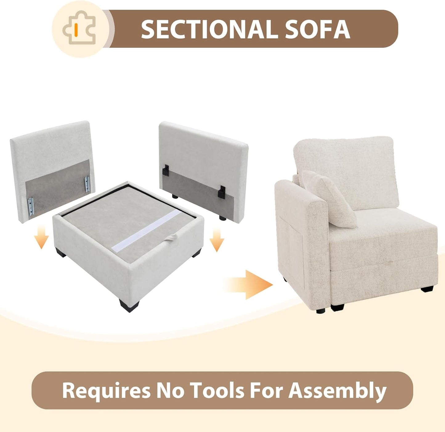 mestyl Modular Sectional Sofa Convertible L Shaped Sofa Couch Set with Storage for Living Room, Modern 3 Seater Modular Sectional Couch with Movable Ottoman (Beige)