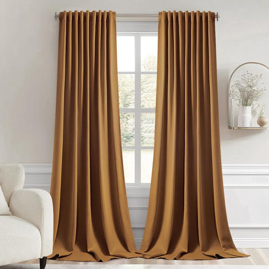 MIULEE Golden Brown Back Tab Blackout Curtains 102 Inch Long 2 Panels Set for Bedroom, Rod Pocket/Pinch Pleated Thermal Insulated Living Room Darkening Light Blocking Floor to Ceiling Drapes