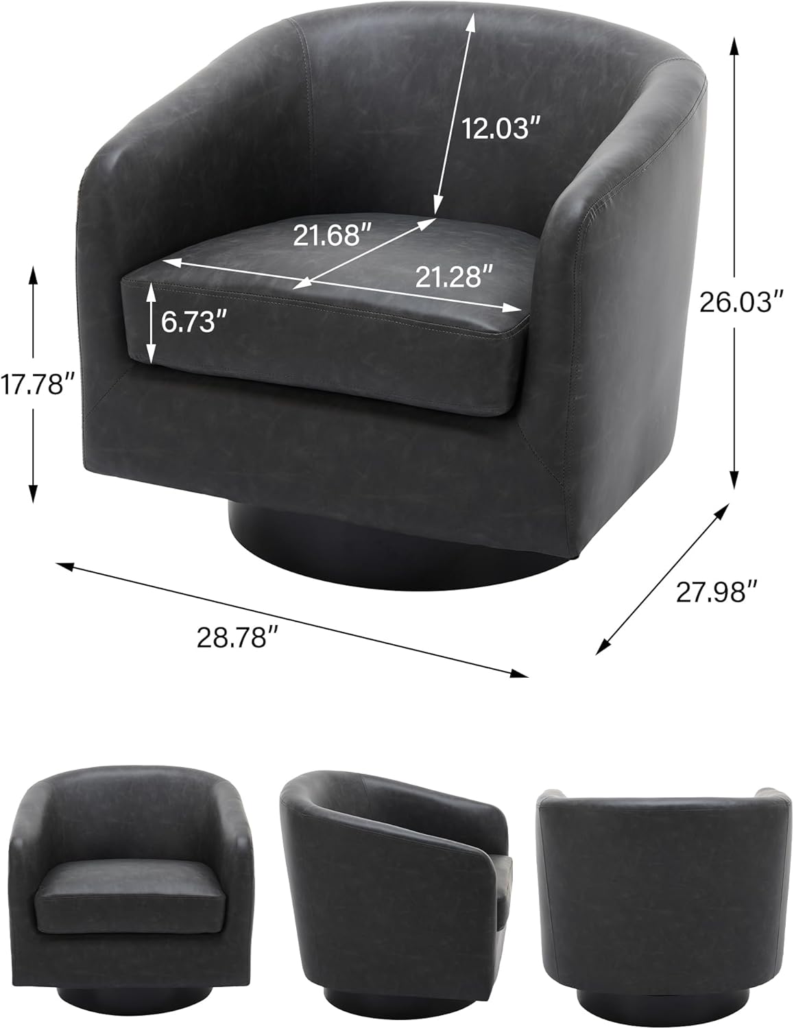 Swivel Barrel Accent Chair, Modern Round Faux Leather Arm Chair for Living Room, Bedroom, Comfy Club Reading Chairs for Adults(Faux Leather, Black Grey, Set of 1)