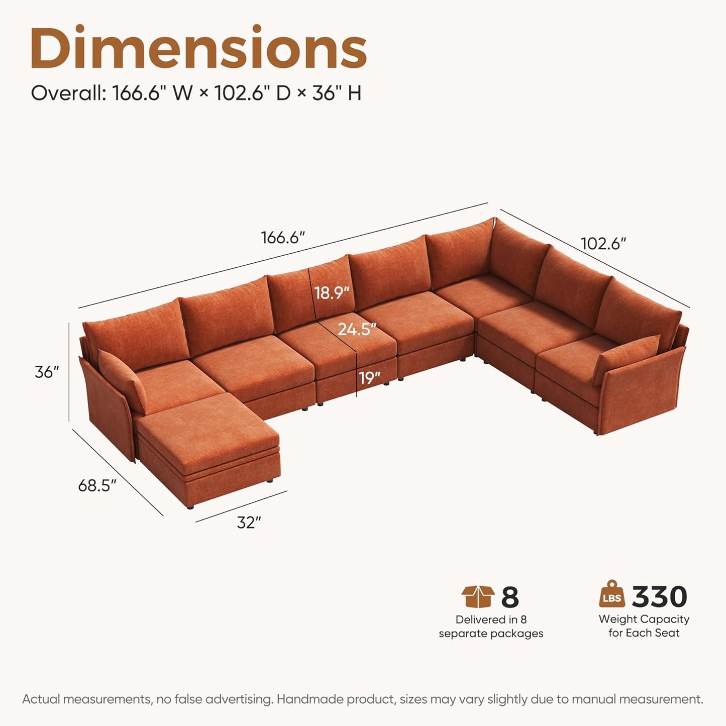 166.6" Oversized Modular Sectional Sofa, U Shaped Convertible Couch with Movable Ottoman, Large 8 Seat Corner Couches for Living Room Deep Seat Terracotta Chenille