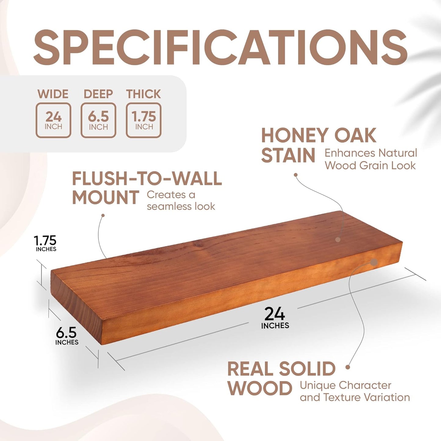 Homeforia 24inch Oak Floating Shelf for Wall, High End Solid Real Wood 24 inches Long Floating Shelves for Bathroom, Honey Oak Wooden Floating Shelves, Heavy Duty Bracket, 24 X 6.5 X 1.75 in, Set of 3