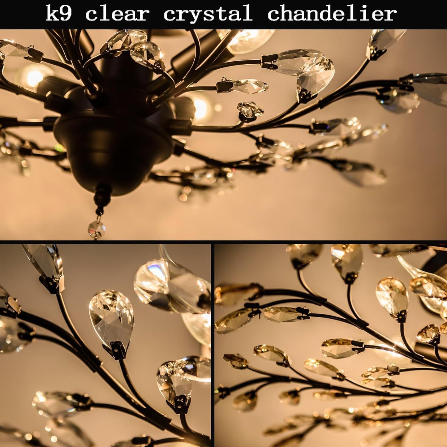 Ganeed Crystal Ceiling Light,Vintage Chandelier, Modern Elegant K9 Crystal Glass Chandelier Flush Mount Ceiling Lighting Fixture for Living Room Bedroom Restaurant Porch- Matte Black - 5 Lights