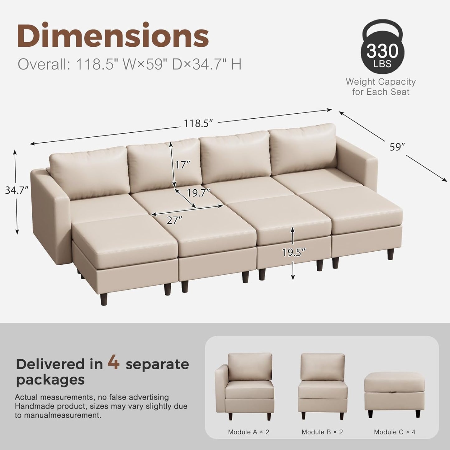 118.5" Luxury Modular Sleeper Sofa Bed with Storage Seat, 8 Seat Sectional Couch Deep Seat with Reversible Chaises & Removable Cover - Whitesand Faux Leather