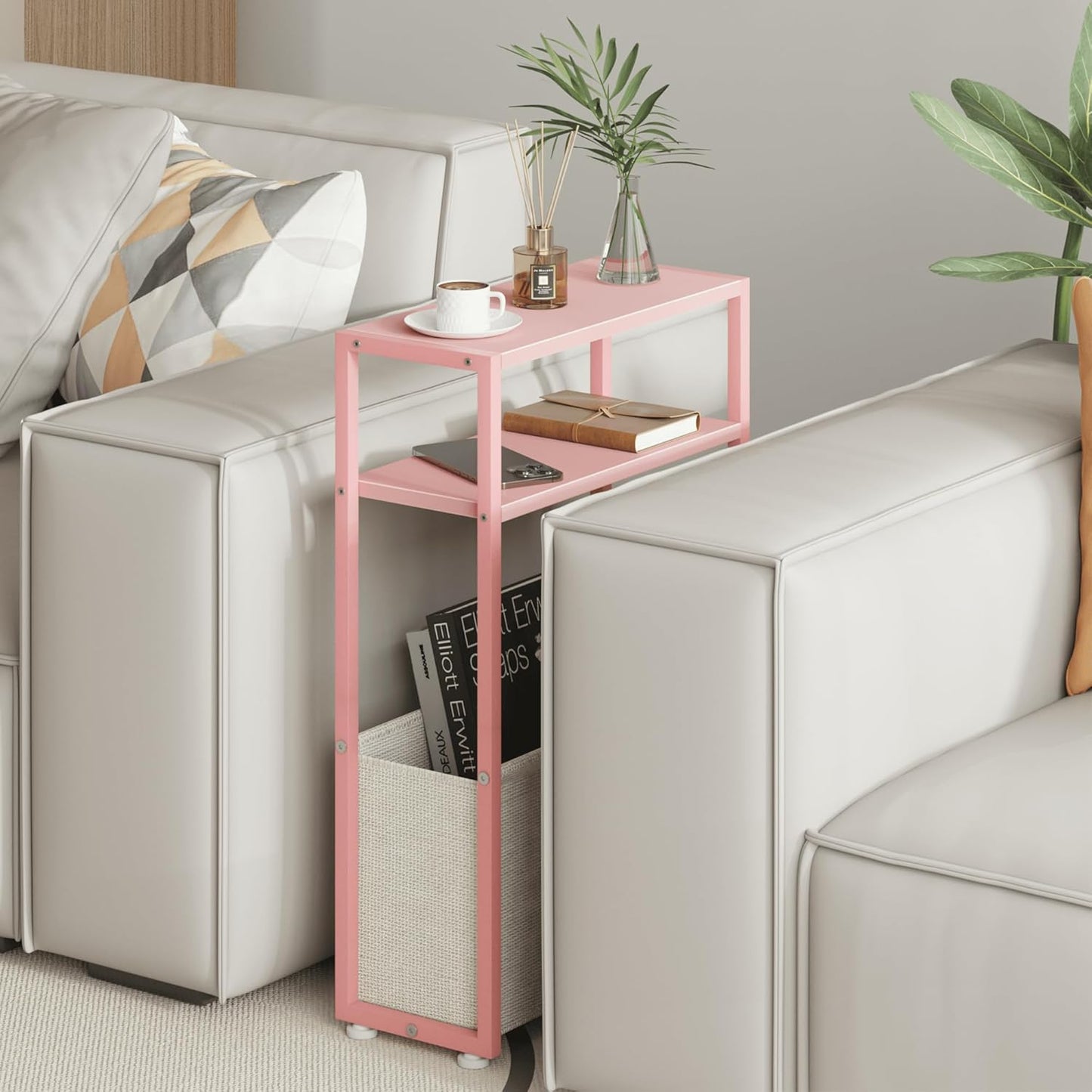 Narrow Side Table, Slim End Tables with Fabric Basket, Skinny Table for Small Spaces, Thin Bedside Table for Living Room, Bedroom (1, Jelly Pink + Cream White)