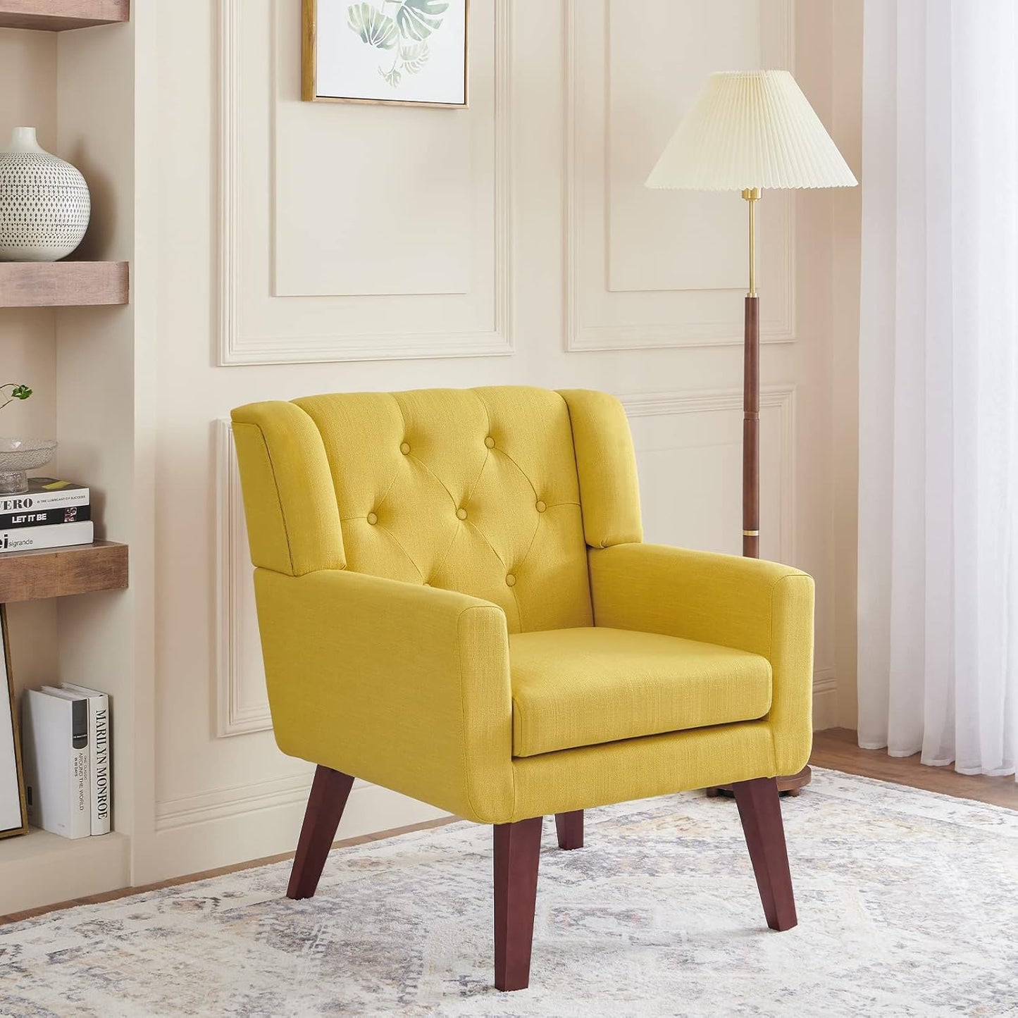 Accent Chair Button-Tufted Upholstered Living Room Chairs Comfy Reading Chair Mid Century Modern Chair with Linen Fabric Lounge Arm Chairs for Living Room Bedroom (Yellow)