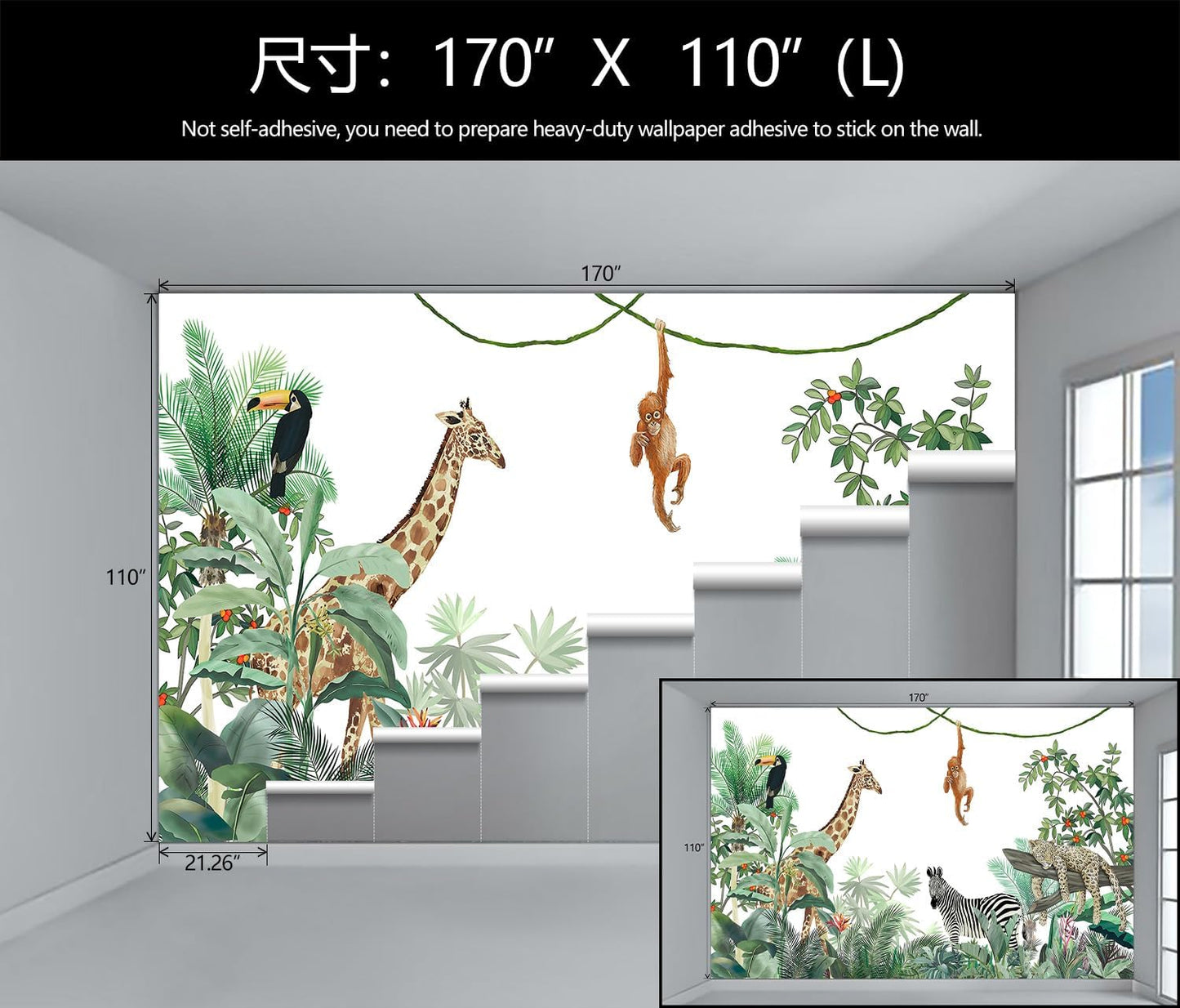 WFBHUA-Kids Safari Wallpaper Tropical Jungle Botanical Leaf Wall Mural for Nursery Boys Bedroom Girls Bedroom Playroom (Not Peel and Stick)