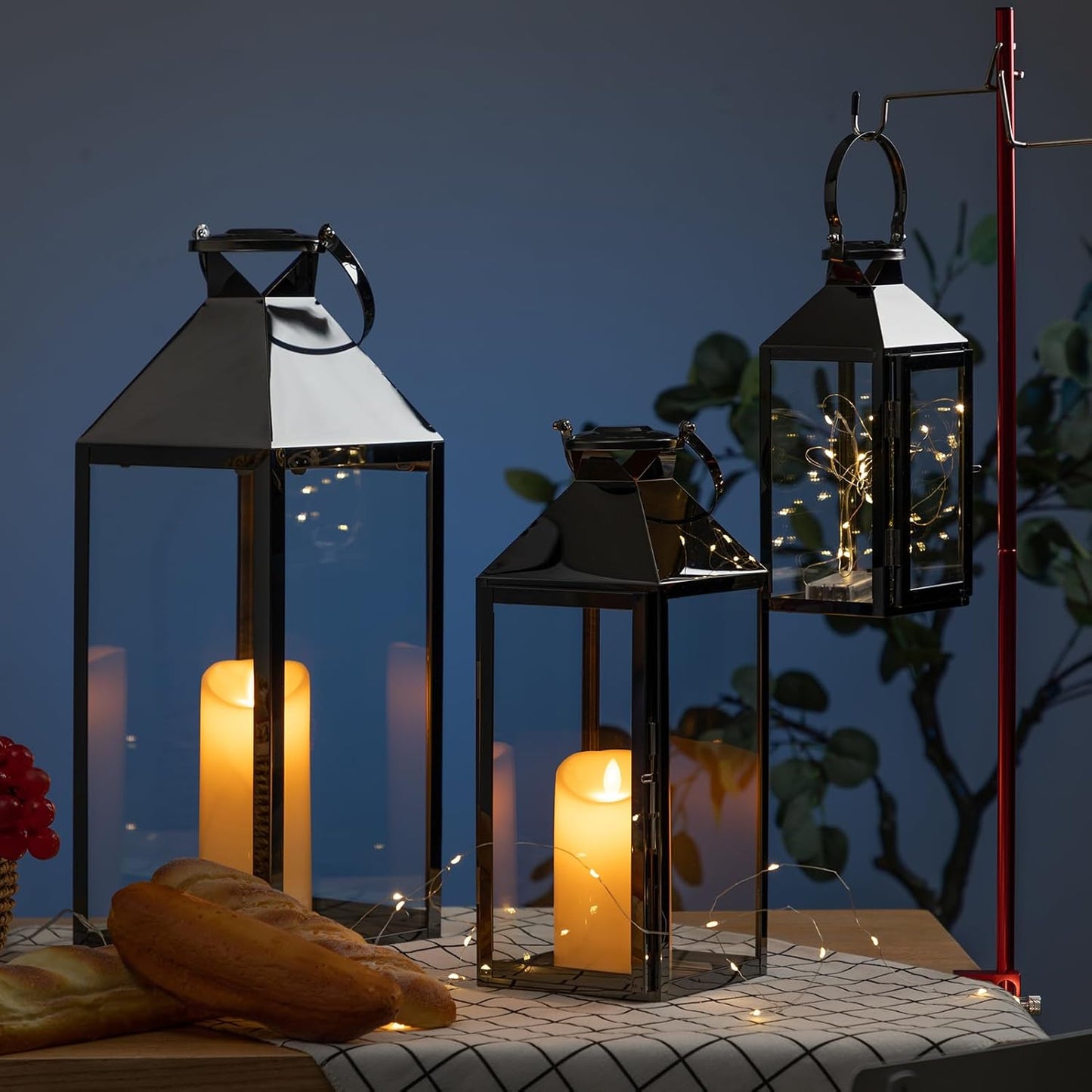 MATICO Stainless Decorative Pinnacle Candle Lantern Set of 3, Hanging Decor Hurricane Lantern Candle Holder for Festival Ceremony Home Decor, Both Indoor & Outdoor Use, Black