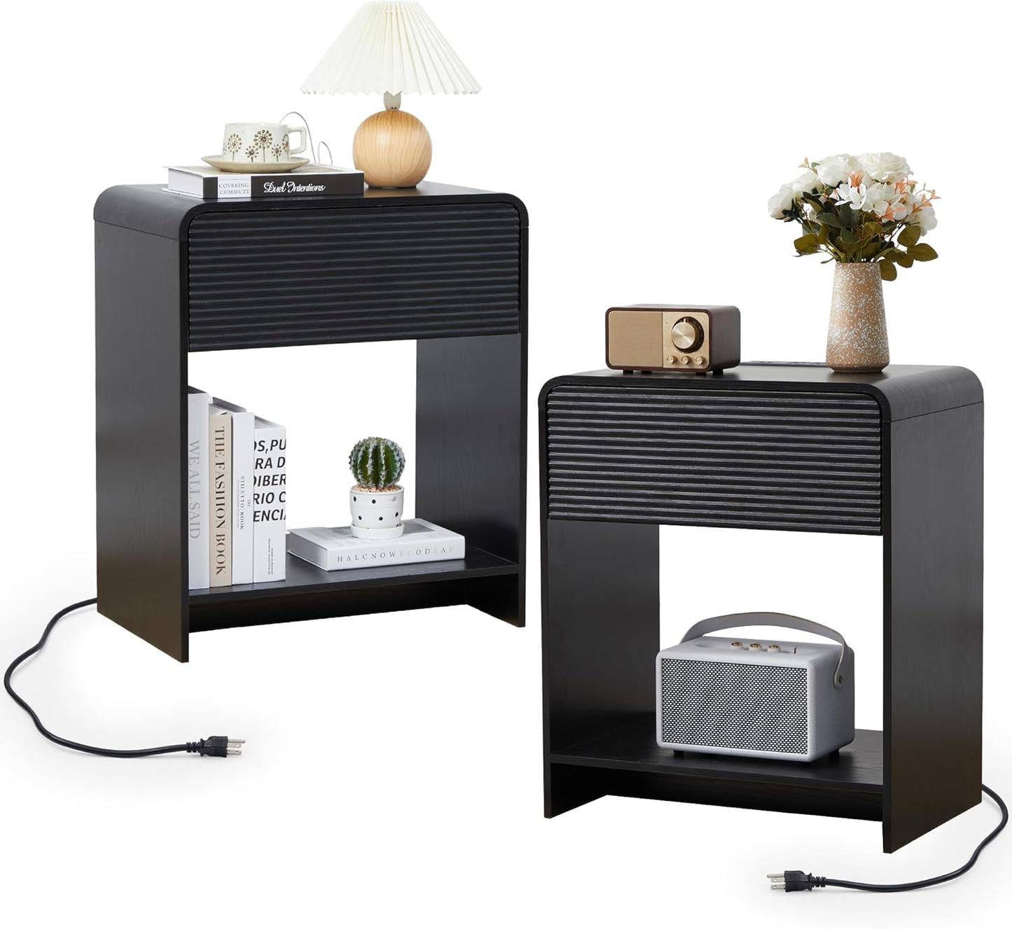 Fluted Nightstand Set of 2 with Charging Station, Modern Bed Side Table End Table with Drawer Storage, Large Wooden Night Stands Bedside for Bedroom Living Room Sofa Office, Black 2 Sets