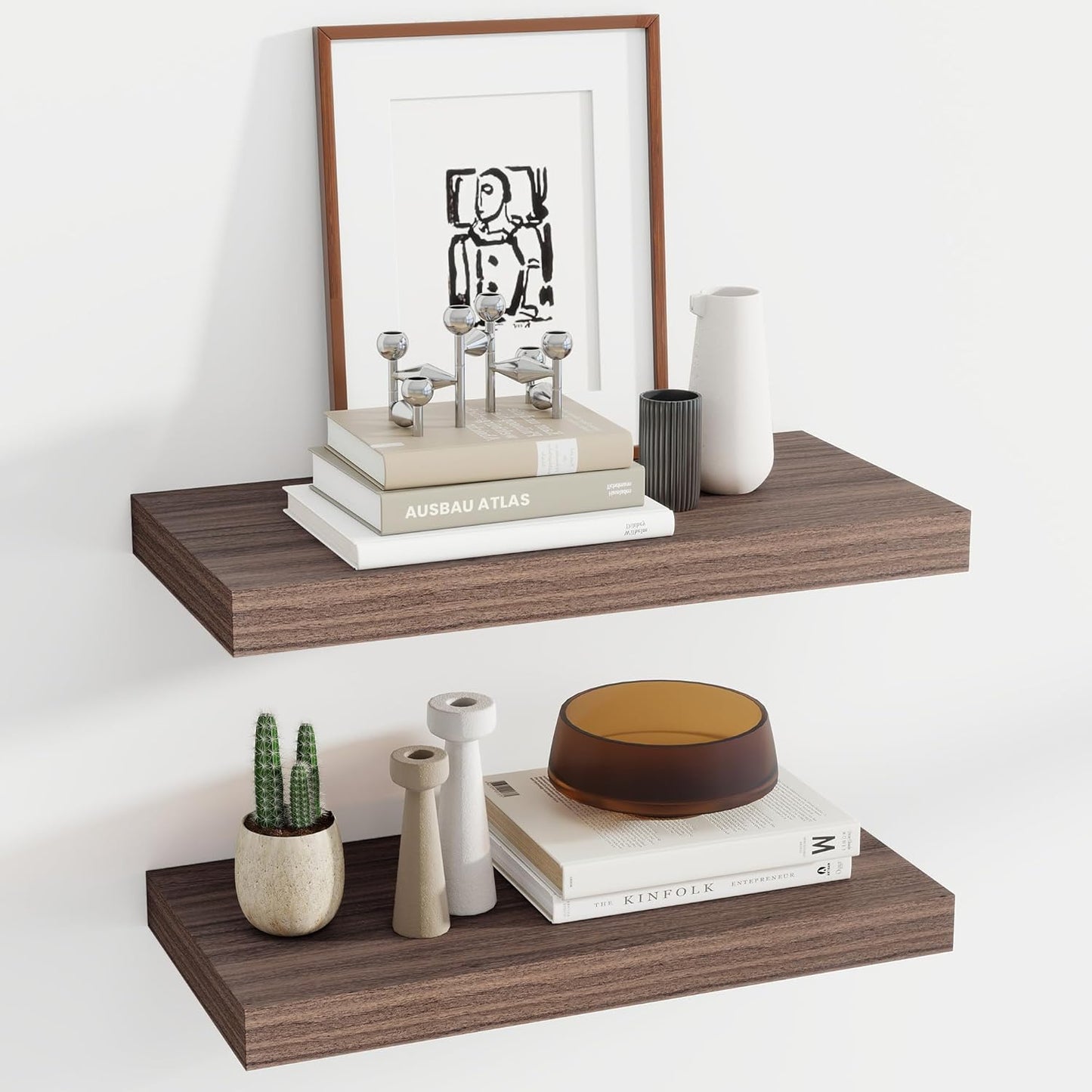 24 Inch Floating Shelves, 11.6 Inch Deep Floating Shelves for Wall, Floating Shelf with Invisible Brackets, Deep Shelves for Bathroom, Bedroom, Living Room, 2 Pack, Walnut