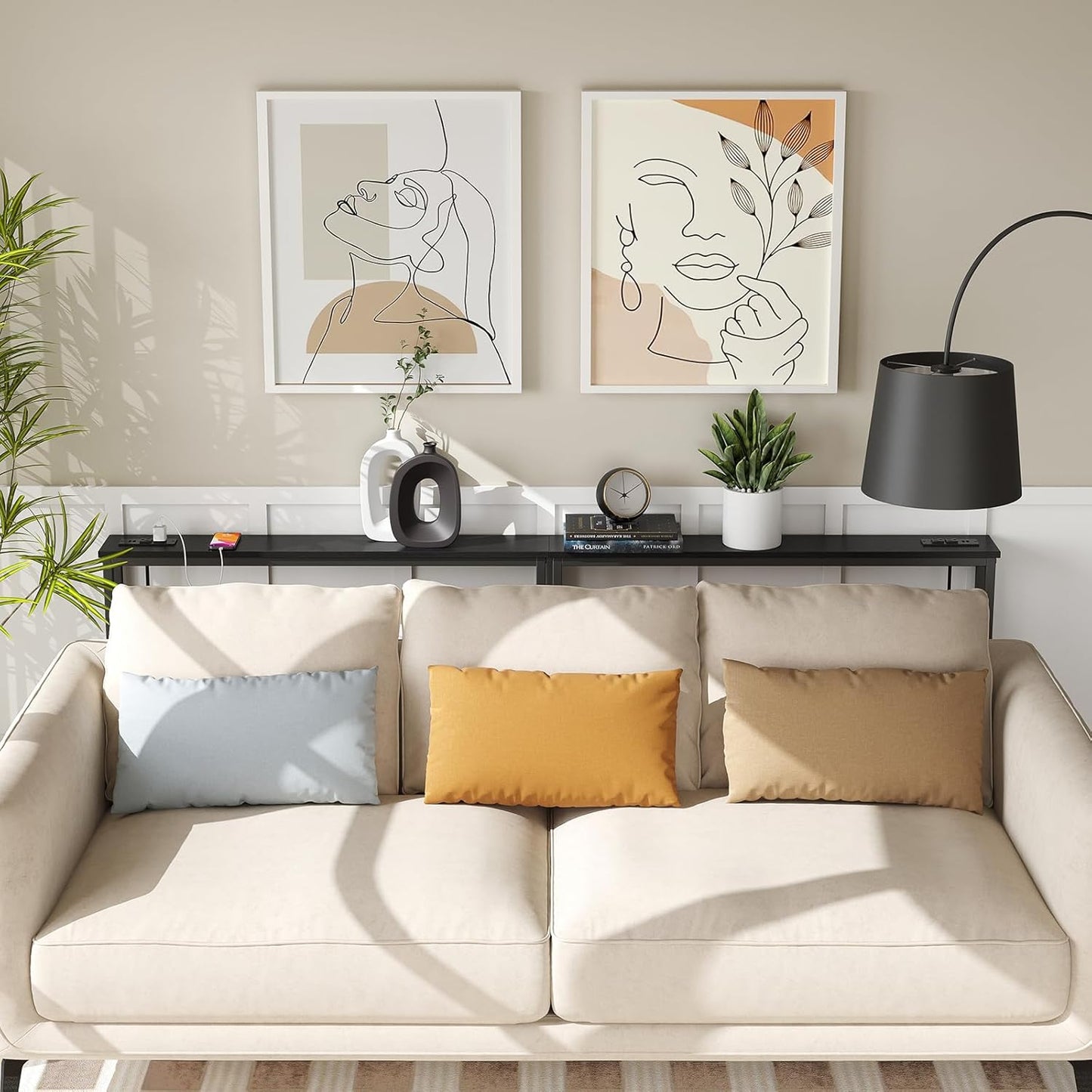 ELYKEN 2 Pack 5.9" Narrow Console Sofa Table with Power Outlets, 5.9" Dx39.4 Wx31.1 H Long Black Behind Couch Table with Metal Frame and Charge Station with 6.5’ Extension Cord