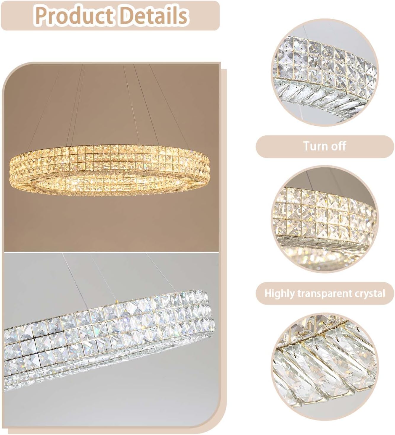 Dia 40" Modern Crystal Chandelier Ring Chandelier Adjustable Height Luxury Crystal Pendant Ceiling Light Fixture for Dining Living Room Bedroom