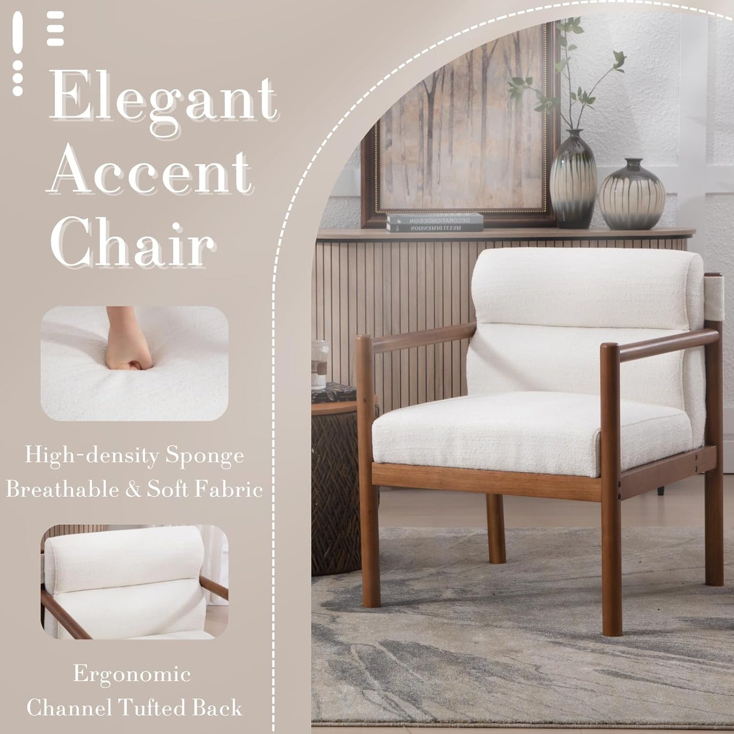 Modern Living Room Chair, White Upholstered Accent Chair with Channel Tufted Back, Brown Wood Lounge Reading Arm Chair, Linen Fabric Side Sitting Vanity Chair for Guest Room, Bedroom, Balcony