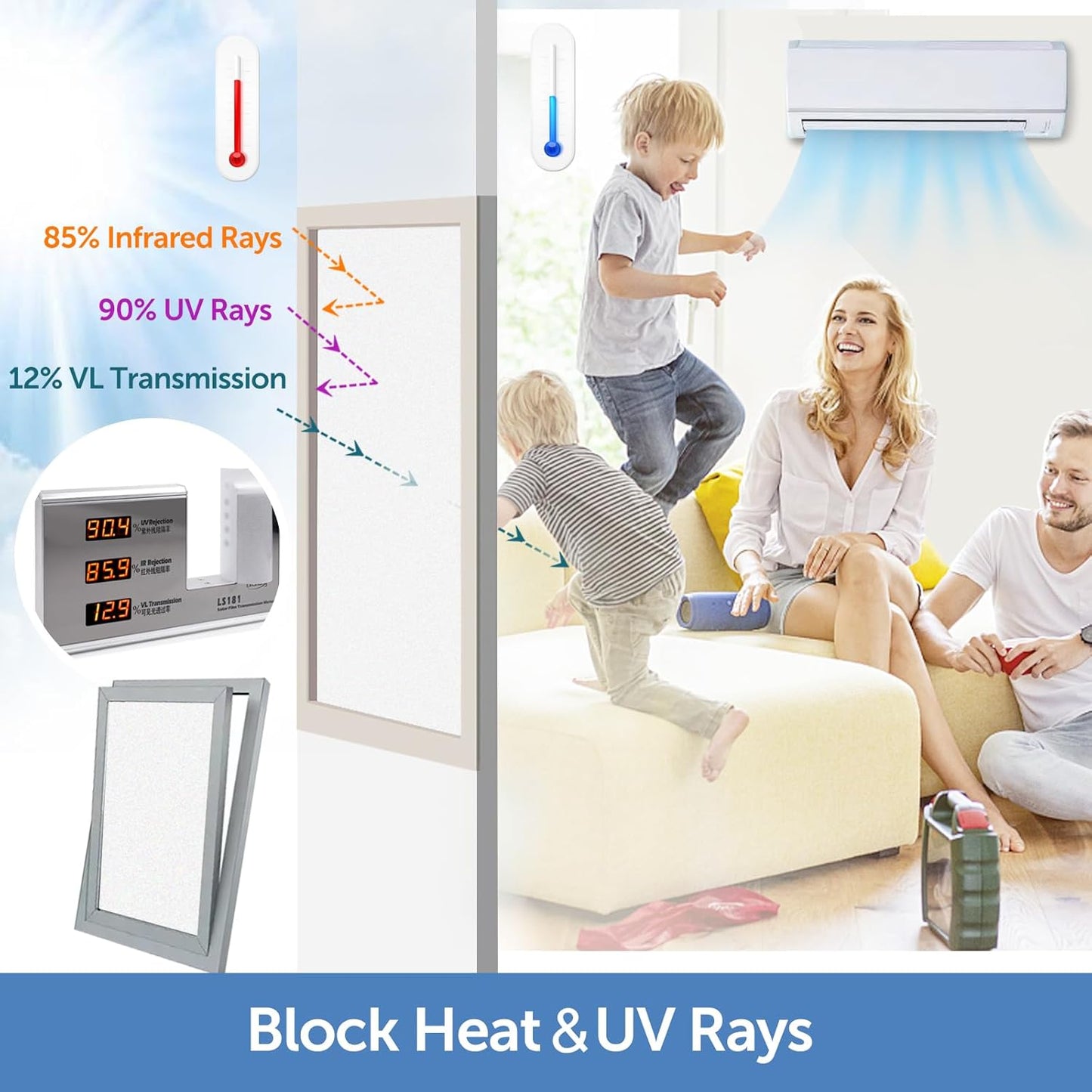 HIDBEA Frosted Window Privacy Film - Non Adhesive Static Cling Glass Stickers Sun UV Blocking Heat Control Door Covering Decals for Home Office, 17.5 x 78.7 Inch