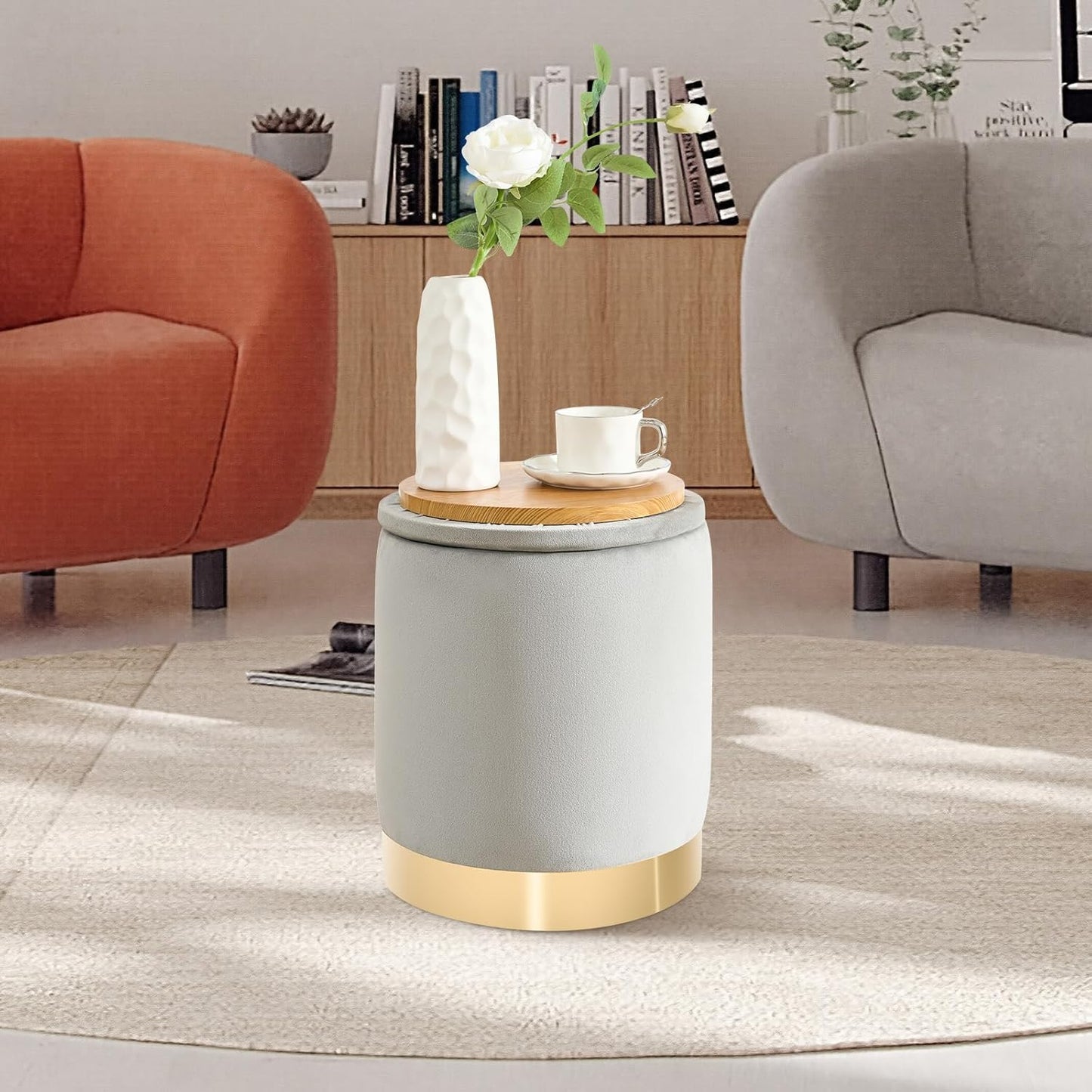 Round Ottoman with Storage Set of 2, Upholstered Velvet Storage Ottomans, Vanity Stool, Multifunctional Ottomans, Coffee Table Foot Rest Ottoman for Living Room Bedroom, Light Grey