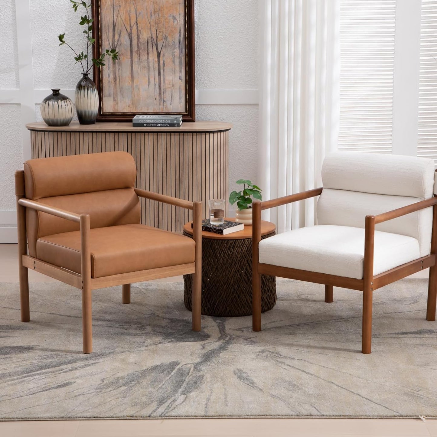 Modern Living Room Chair, Brown Upholstered Accent Chair with Channel Tufted Back, Walnut Wood Lounge Reading Arm Chair, Faux Leather Fabric Side Sitting Chair for Guest Room, Balcony, Bedroom