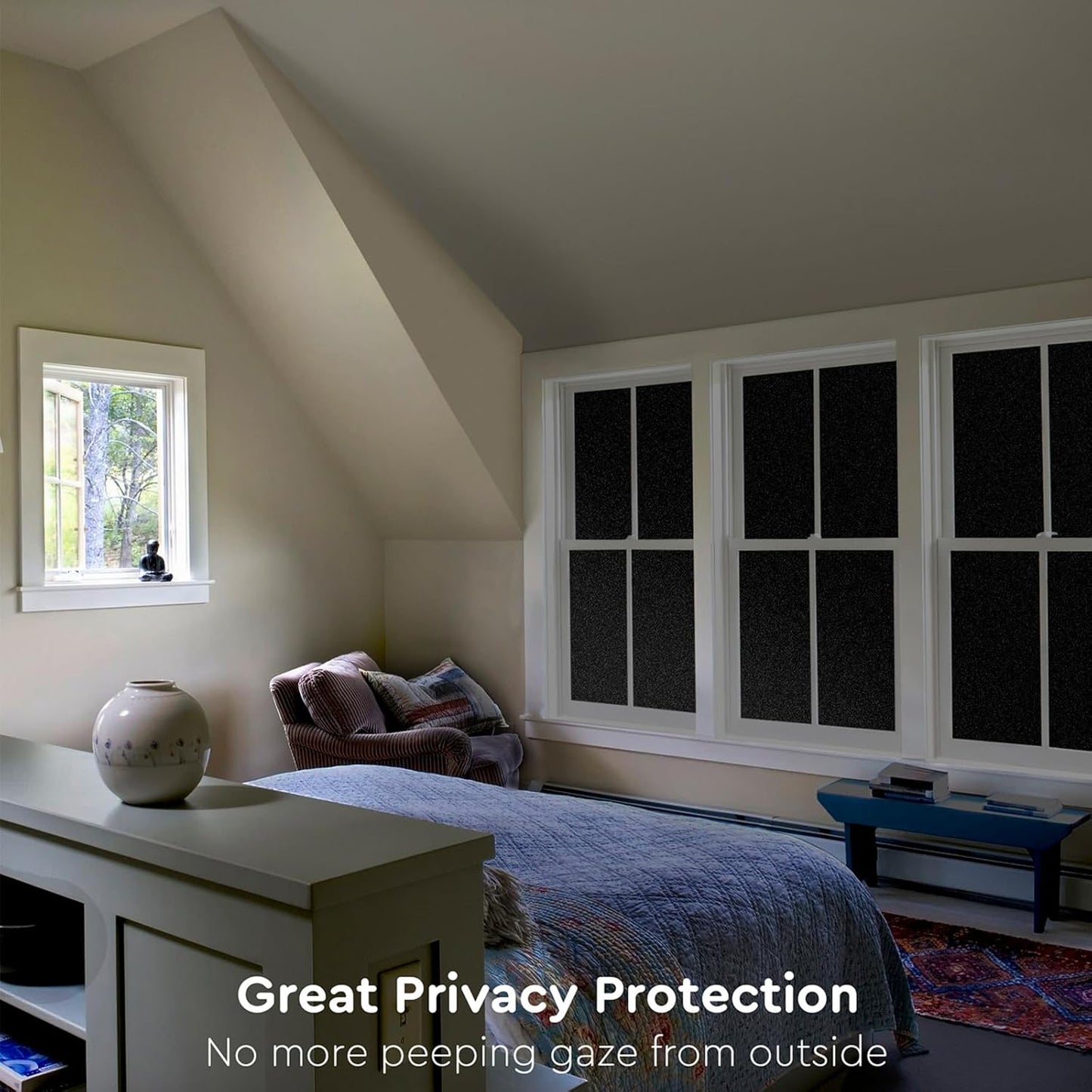 Kromapolis Blackout Window Privacy Film Total Light Blocking Room Darkening Window Covering, Removable Static Cling Frosted Glass Tint, Non-Adhesive, Black 17.5'' x 118.1''