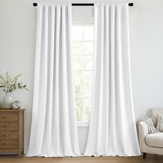 MIULEE 100% Blackout Curtains 120 Inch Long 2 Panels Set for Bedroom, Thick Faux Linen Black Out Curtain Room Darkening Back Tab Pleat Window Textured Drapes with Hooks for Living Room, Bright White
