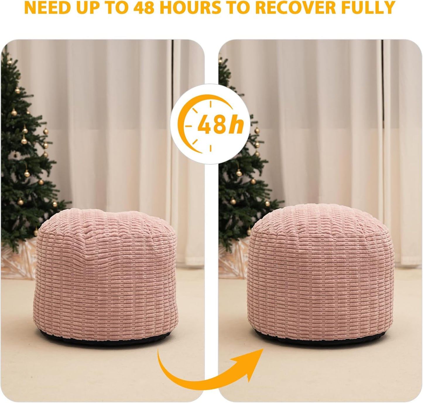 Round Stuffed Pouf Ottoman for Foot Rest, Storage Ottoman Pouf Foot Stool Cushion, Faux Fur Poufs with Foam Chunk Filling, 26 X 18 Inch Floor Chair for Living Room Bedroom Home Decor, Pink