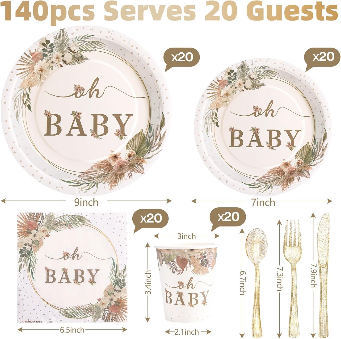 140 Pcs Boho Baby Shower Decorations for Girl, Baby Shower Plates and Cups and Napkins Sets, Oh Baby Plates for Western Sweet Baby Girl, Summer Fall Neutral, Serves 20
