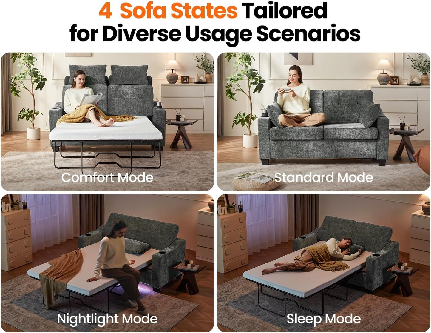 CHIC HOUSE Pull Out Sofa Bed, Full Size Sleeper Sofa, 2-in-1 Convertible Chenille Couch with USB Charging, Memory Form Couch for Living Room, Apartment & Small Space (Dark Grey, Chenille - Full)