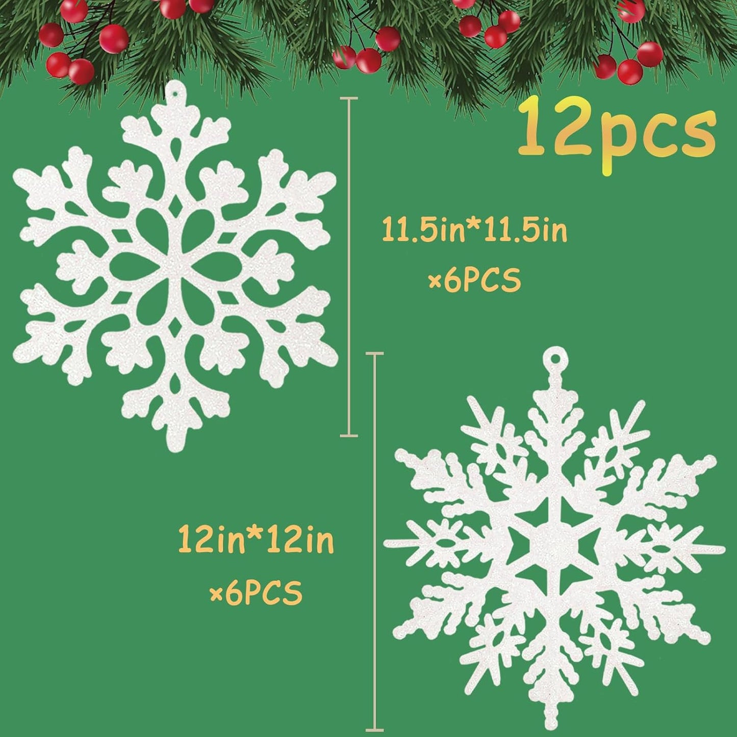 12pcs Large Christmas Snowflakes Decorations, 12" Big Plastic Glitter White Snowflake Ornaments for Winter Indoor Outdoor Christmas Tree Holiday Window Room Decor Craft Snowflakes