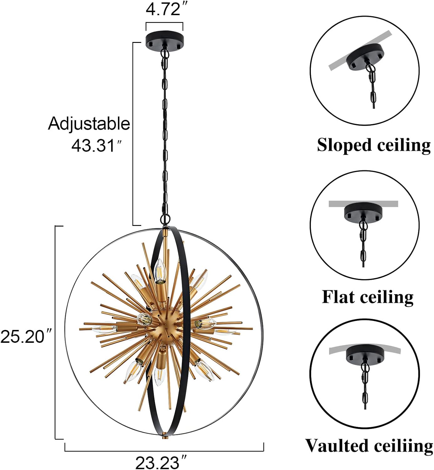 23.2'' Black Gold 12-Light Globe Sputnik Chandelier Modern Industrial Adjustable Hanging Ceiling Firework Pendant Light Fixture for Entryway Foyer Bedroom Dining Living Room Hallway