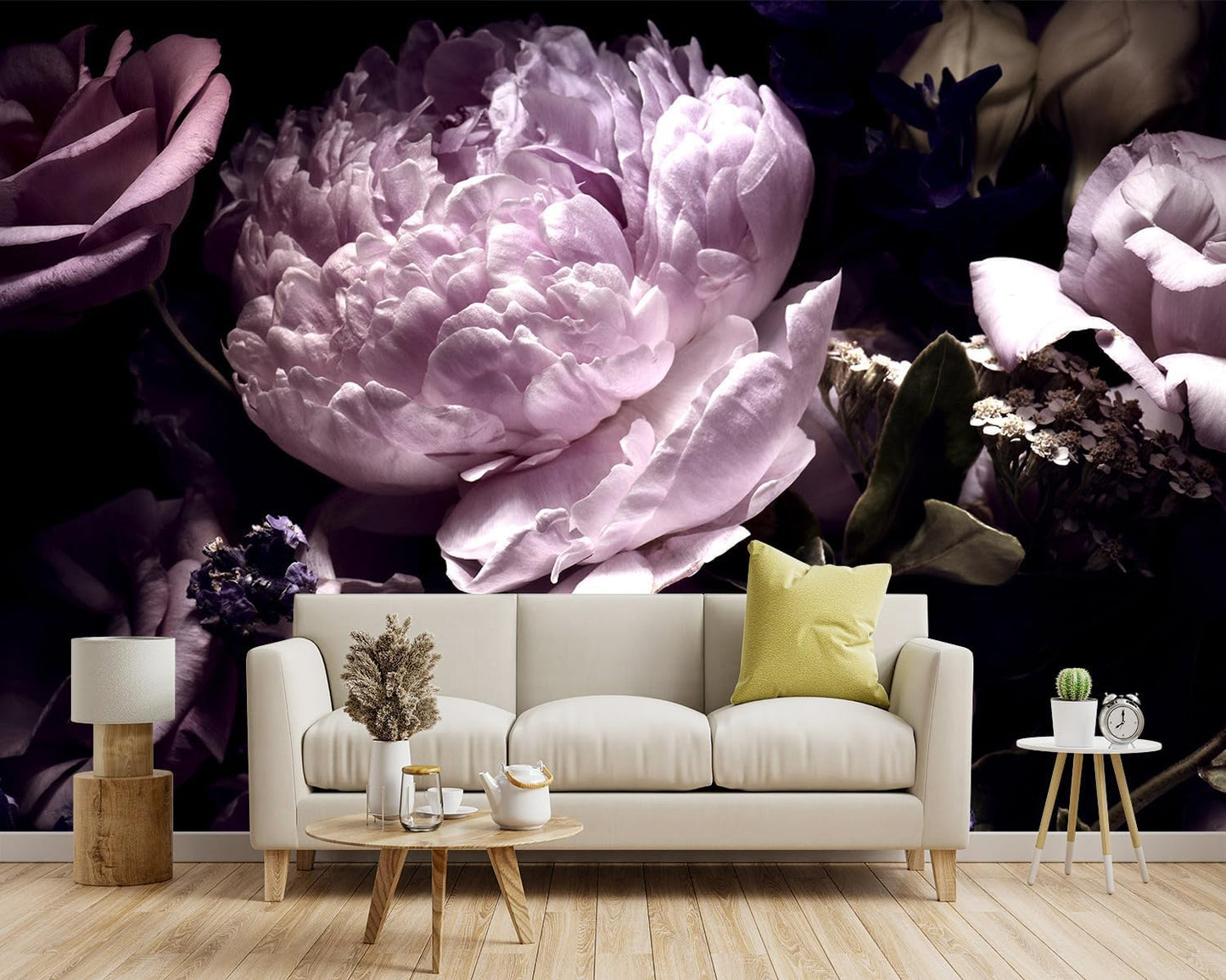 -Black Peony Purple Floral Botanical Fabric Wallpaper Living Room Bedroom Bathroom Dark Flowers Large Wall Mural- 137"x96"（ not Peel and Stick）